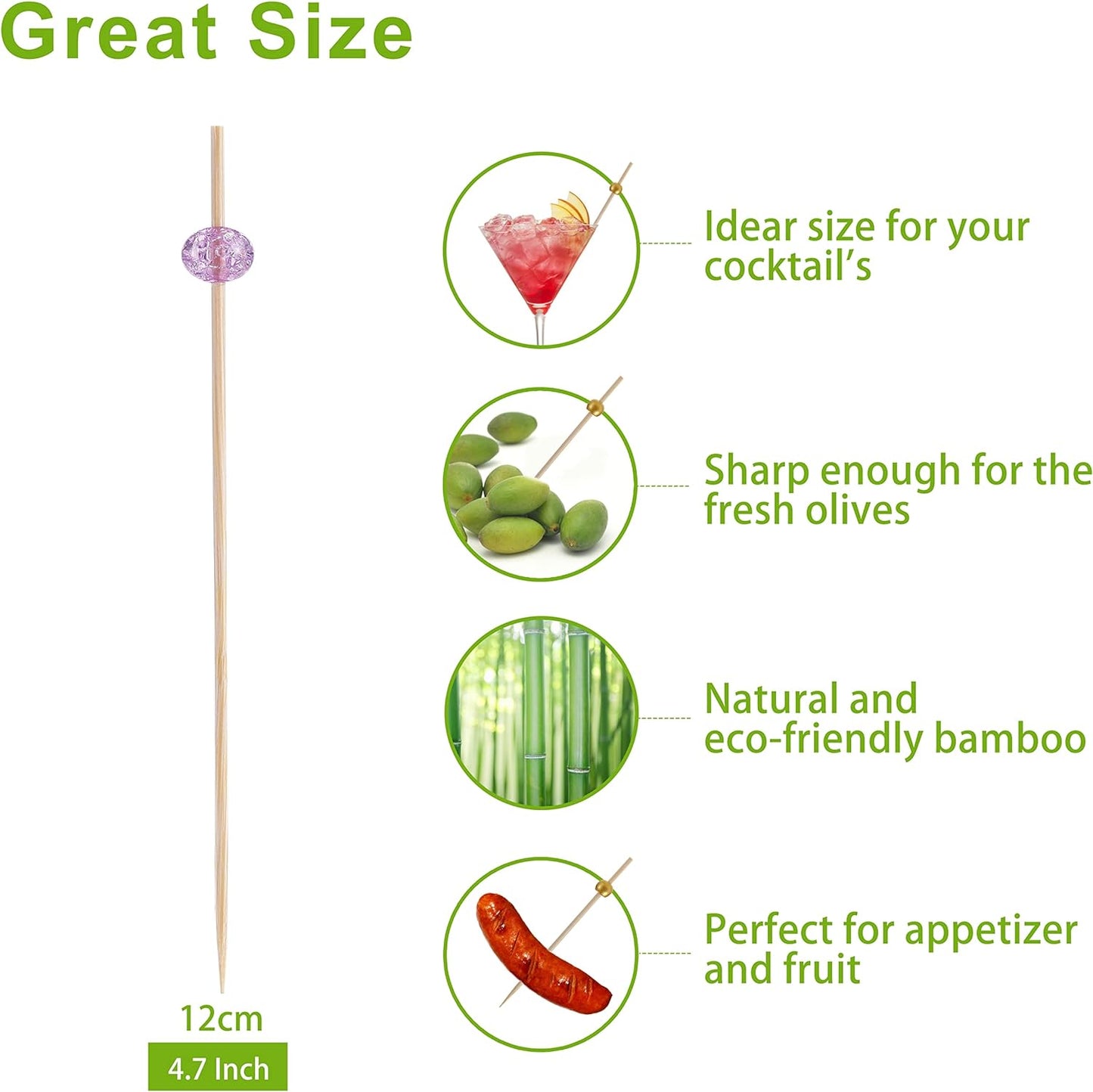 200 Pcs Cocktail Picks, 4.7 Inch Toothpicks for Appetizers, Bamboo Cocktail Sticks Skewers for Drinks, Desserts, Charcuterie, Wedding Party Fancy Toothpicks, Gold Pearl Mini Food Picks Decorative