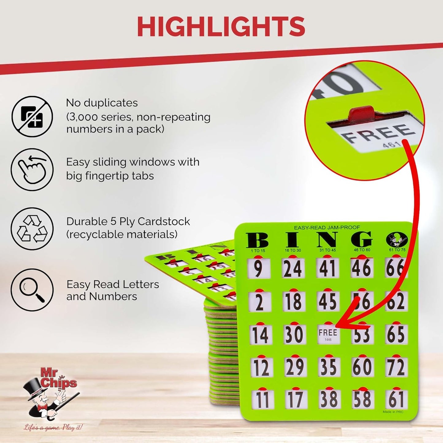 MR CHIPS Jam-Proof Bingo Cards with Sliding Windows, 25 Reusable Shutter Cards, 75 Calling Cards 1 Master Board in Tan Woodgrain Style
