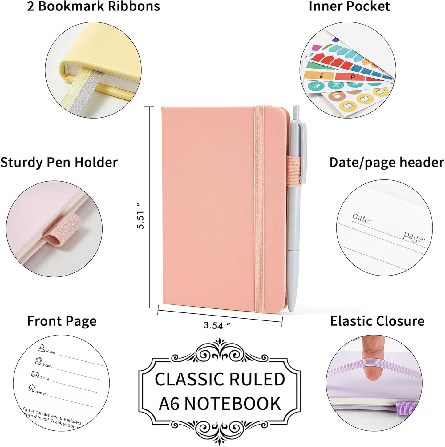 feela 6 Pack Pocket Small Notebooks Bulk, Mini Cute Memo Notepads Hardcover College Ruled Lined Journals with Pen Holder for Women Girls Office School, with 6 Black Pens, 3.5”x 5.5”, A6, Rose Pink