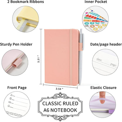 feela 6 Pack Pocket Small Notebooks Bulk, Mini Cute Memo Notepads Hardcover College Ruled Lined Journals with Pen Holder for Women Girls Office School, with 6 Black Pens, 3.5”x 5.5”, A6, Rose Pink