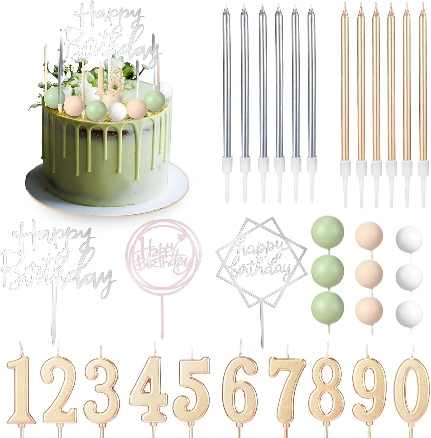 Yerliker 34 Pcs Happy Birthday Cake Toppers Decorations Birthday Candles DIY Cake Decor for Men Women Wedding Anniversary(Gold)
