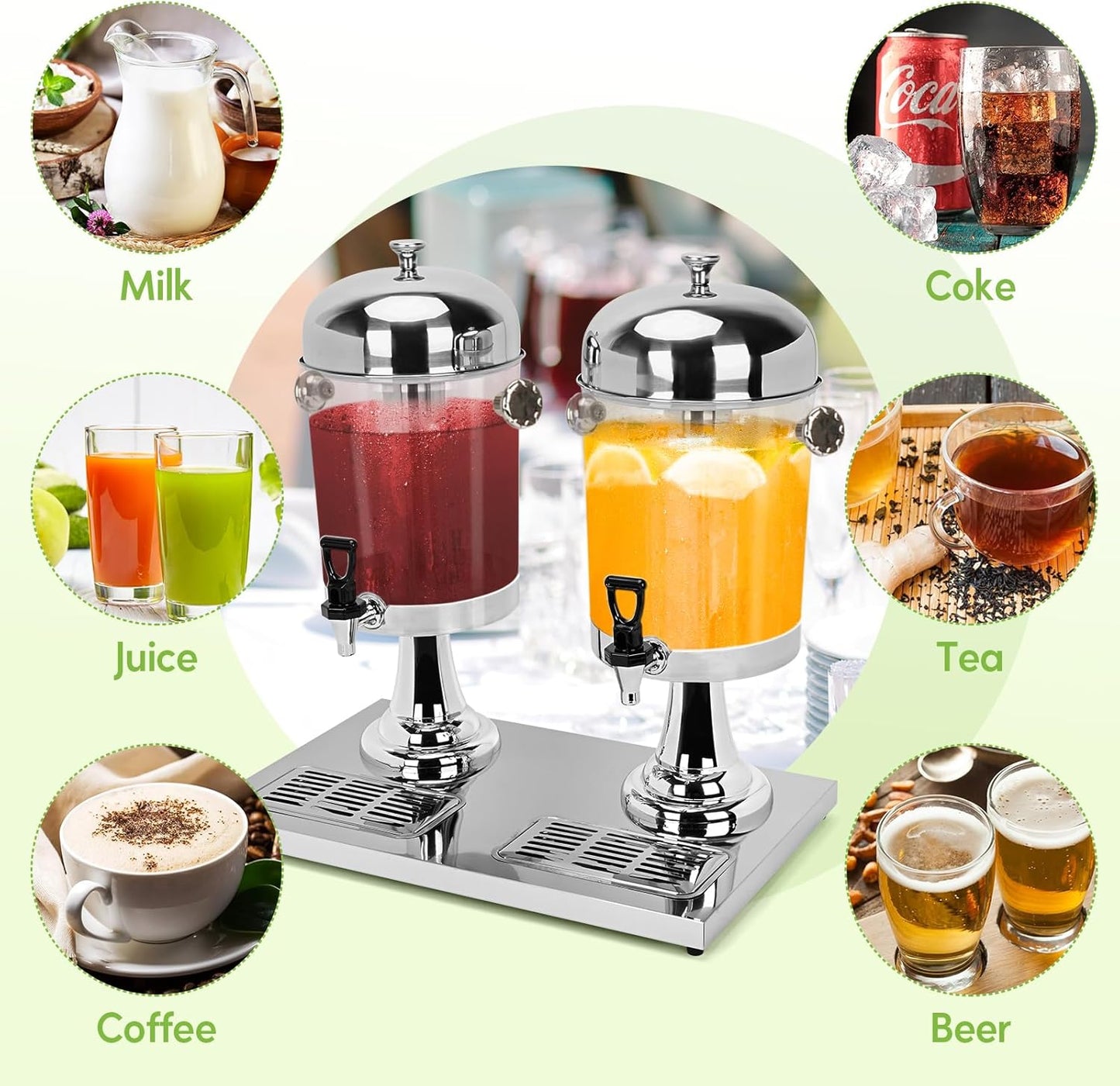 4.4 Gallon/16 L Beverage Dispensers, Stainless Steel Drink Dispenser, PE Beverage Dispensers with Stand Cold Dispenser with Centre Ice Core and Drip Trays for Parties Banquets Picnic