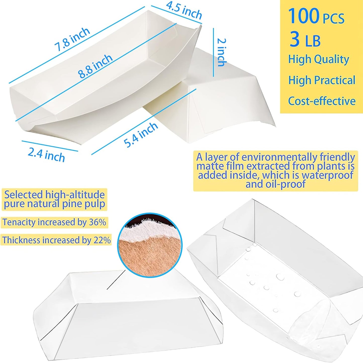 100 Pack 3lb Paper Food Trays,Disposable Greaseproof Kraft Checkered Carnival Food Serving Take Out Basket Tray Boat for Snacks Fries Nachos Popcorn Hot Dogs Carnival Wedding Party Picnic