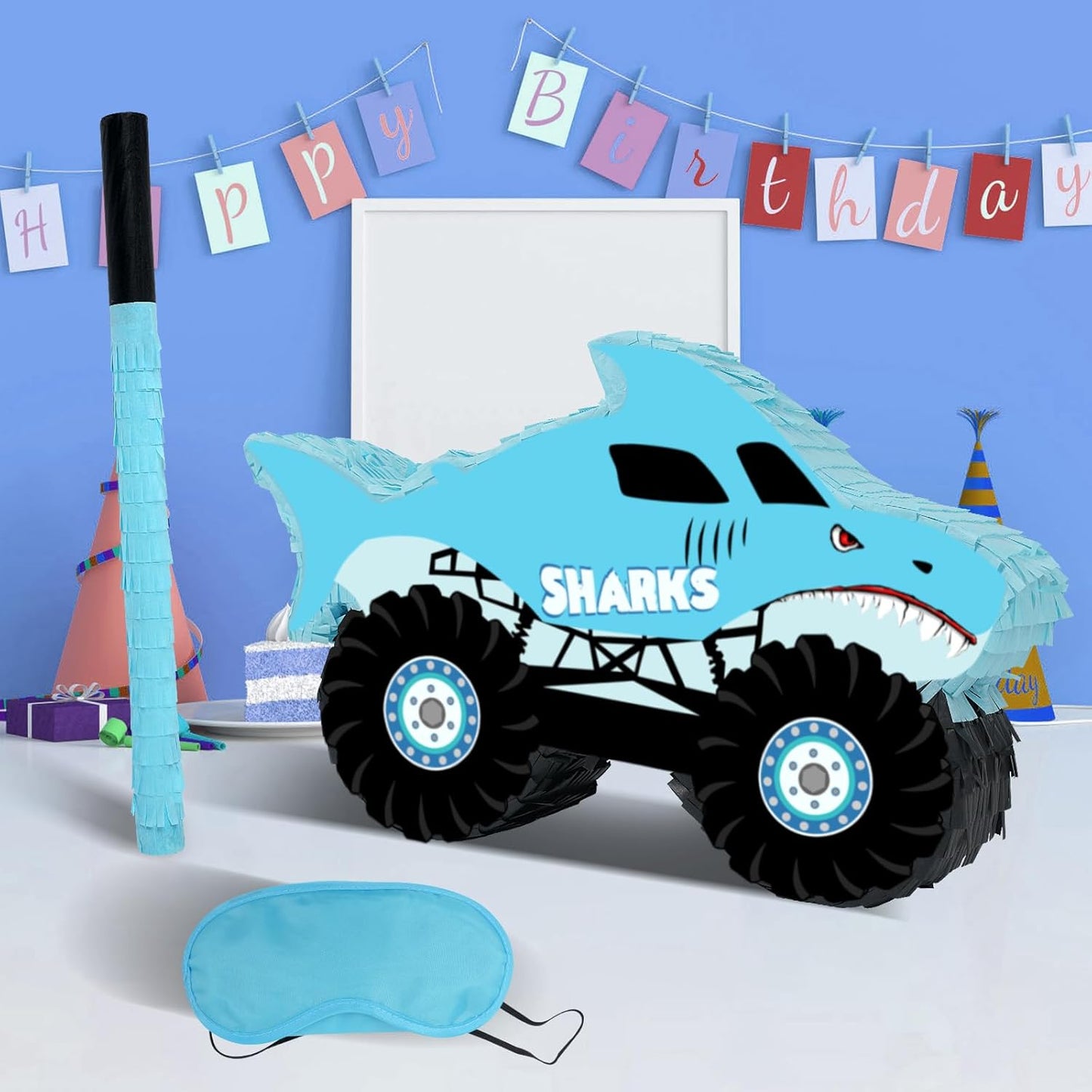 Shark Truck Pinata - Monster Truck Pinata with Blindfold and Bat for Kids Shark Monster Truck Theme Birthday Party Game Decorations (Small Size 16.7”x10.2”x3”)