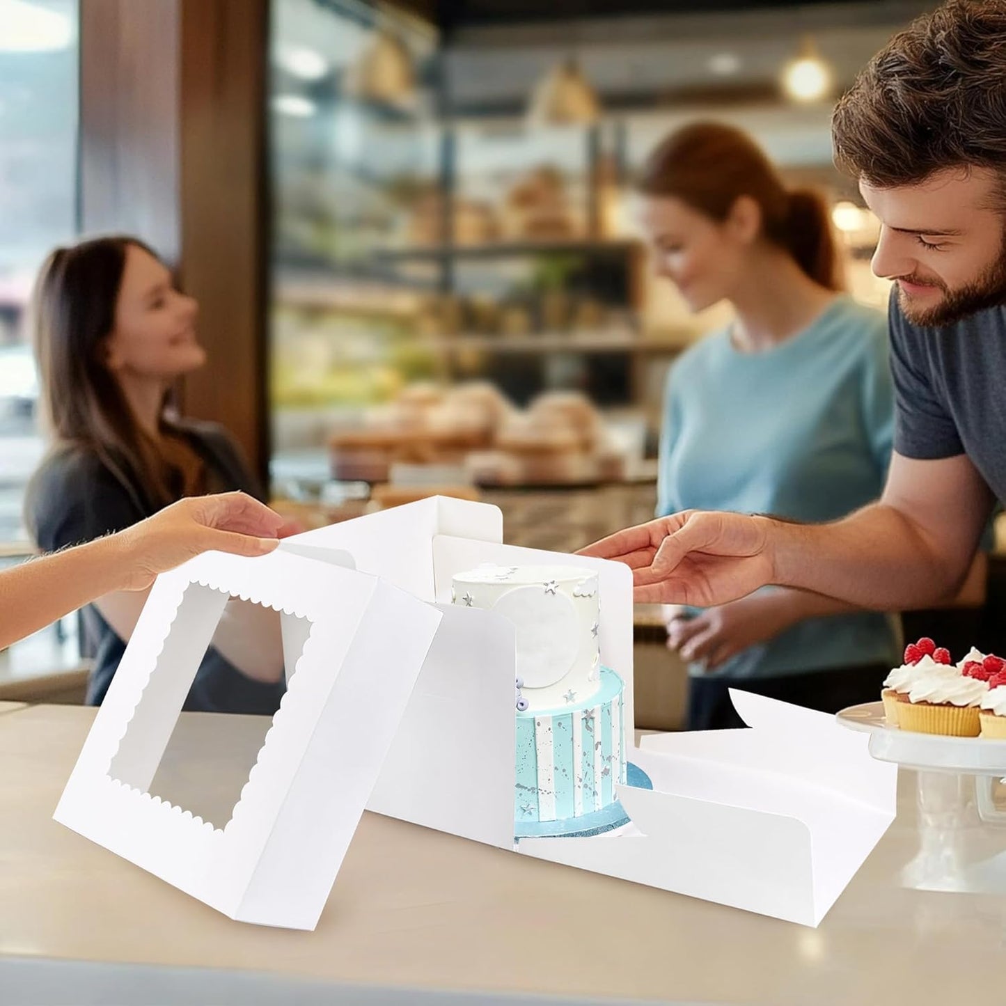 KEEPARTY 15 PCS White Tall Cake Boxes with Window 3 Sizes 12x12x12 10x10x10 8x8x8 Inches Bakery Cake Boxes Square Cake Containers