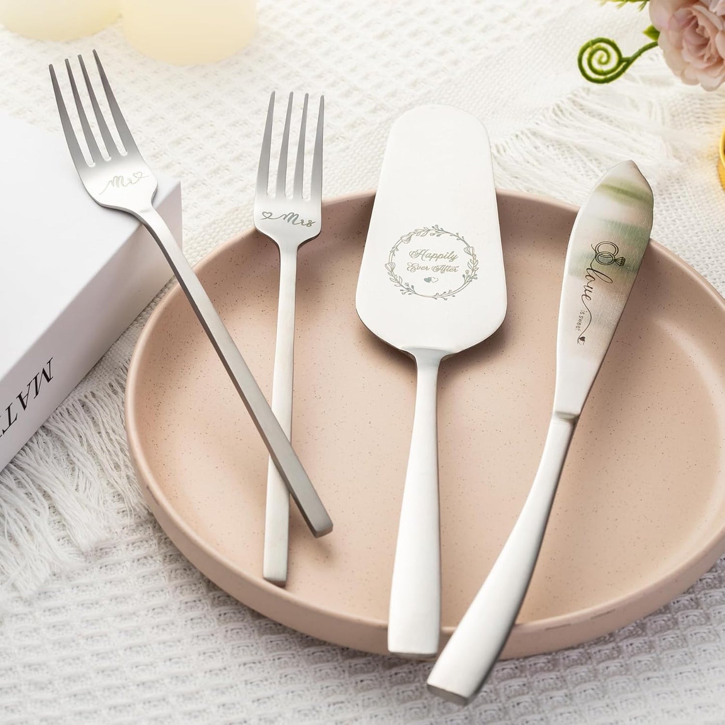 Cake Cutting Set For Wedding, Wedding Cake Knife And Server Set, Mr And Mrs Forks And Cake Cutter Set For Wedding, Bridal Shower Gifts, Engagement Gifts For Couples (Silver)