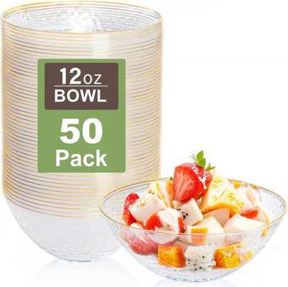 I00000 30 Pack 12 Ounce Pink Plastic Bowls Hammered Clear Bowl with Gold Rimmed, Heavy Duty Disposable Bowl Set,Elegant Salad/Dessert/Ice Cream Small Bowls for Party Weddings