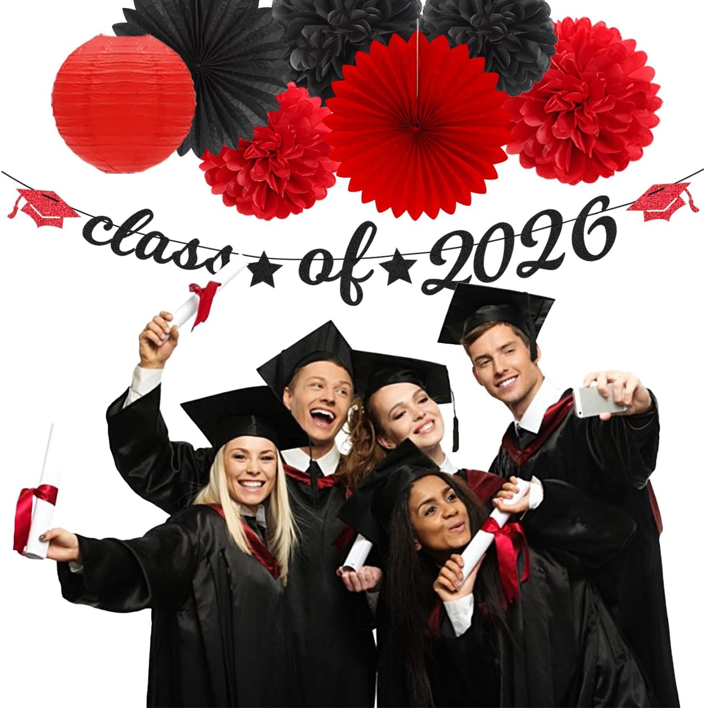 2026 Blue Class-Congratulations Prom Graduation Party-Decorations - 22pcs High School College Grad Supplies Decor,Royal Navy White Silver Tissue Pom Poms Streamers, Paper Flowers Lanterns Hugmoon