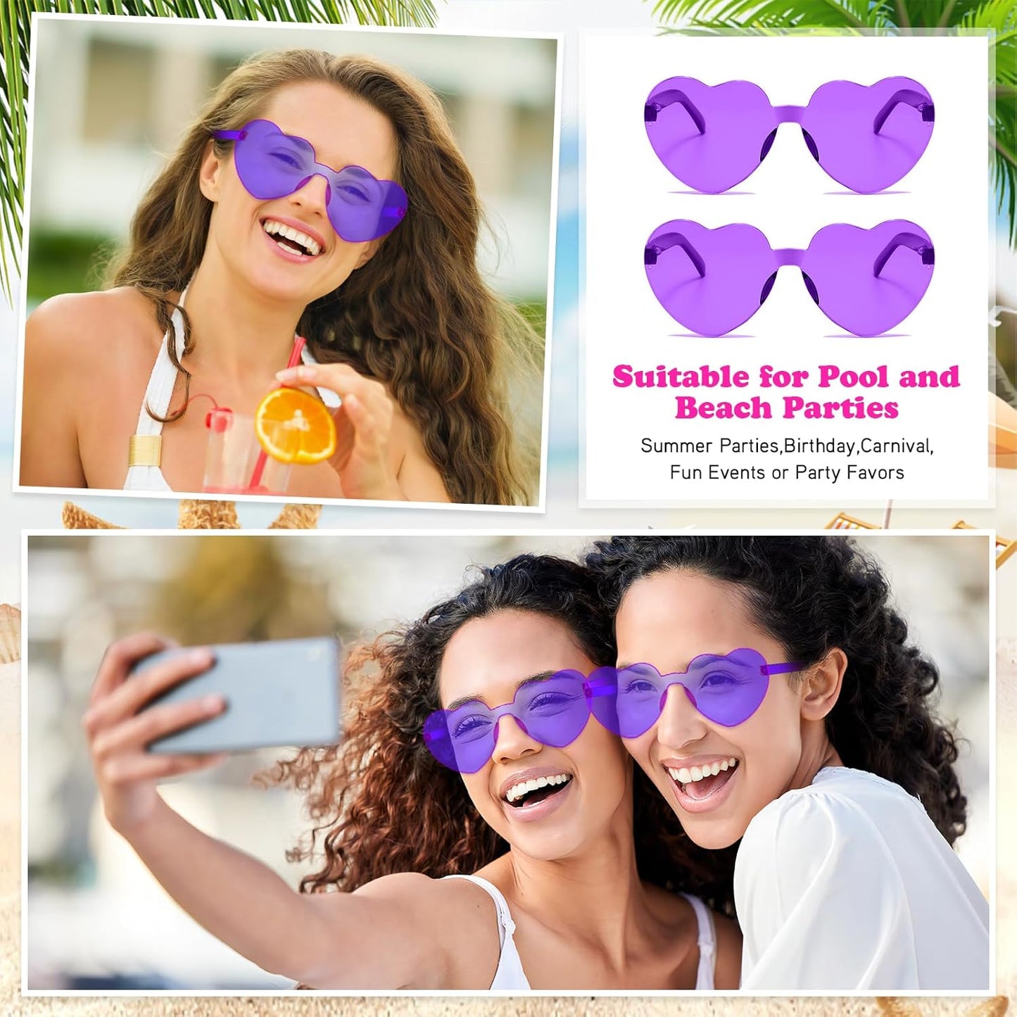 Matcheck 16 Heart Shaped Rimless Sunglasses Transparent Candy Colored Glasses Frameless Party Eyewear for Women
