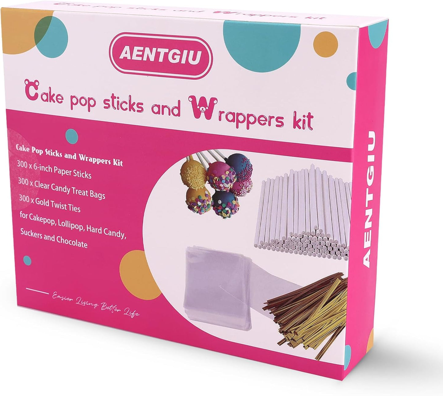 300 PCS Cake Pop Sticks and Wrappers Kit, Including 100ct 6-inch Paper Lollipop Sticks, 100ct Clear Candy Treat Bags Parcel, 100ct Gold Twist Ties for Cakepop, Lollipop, Hard Candy, Suckers, Chocolate