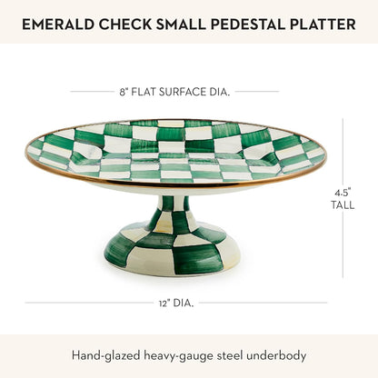 MACKENZIE-CHILDS Enamel Pedestal Platter, Round Cake Stand, Large, Black-and-White Courtly Check