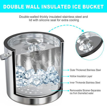 Ice Bucket with Lid Strainer Tong,2QT Double Walled Stainless Steel Insulated Ice Bucket Container,Good Sealing Ice Cube Bucket with Cover for Chilling Beer Cocktail Bar Parties
