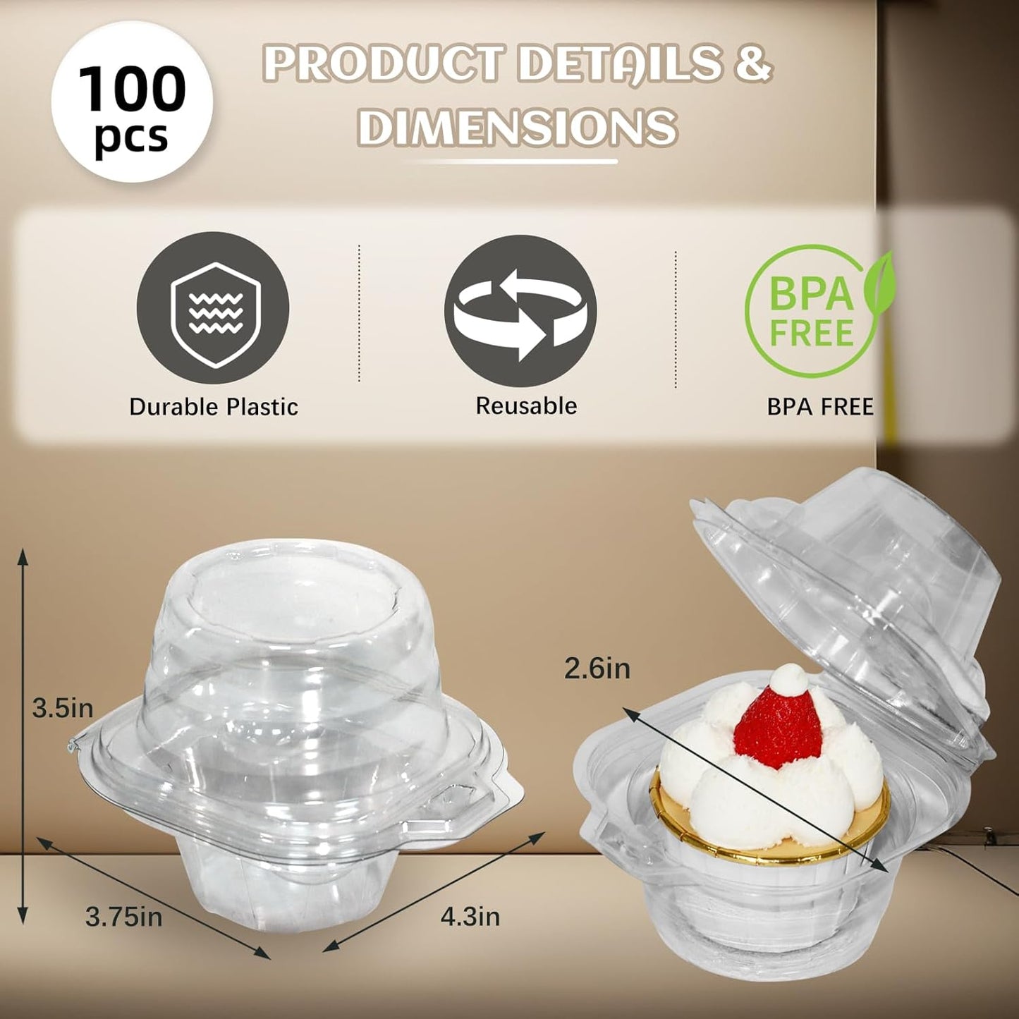 WIKDAY 50 Pcs Individual Cupcake Containers, Clear Plastic Cupcake Holders with Lids, Spacious 3" Design for Frosted Cupcakes, Stackable & Reusable for Parties, Baking, Picnics