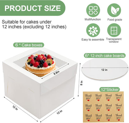 2 Pack Cake Boxes, 12x12x8 Inches Tall Cake Box with Cake Boards, White Bakery Boxes with Large Window, Disposable Cakes Transport Containers with Lids, for Cookies, Pies, Wedding, Birthday