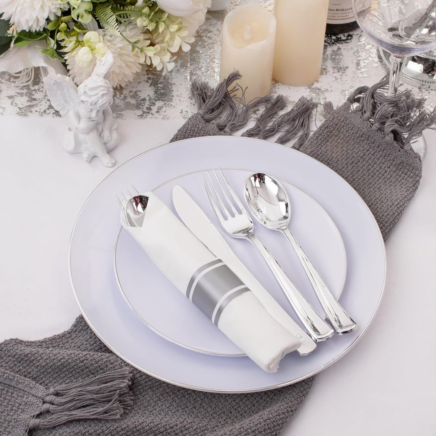 Supernal 240 Silver Plastic Silverware Set - 60 Sets Pre Rolled Napkins with Cutlery - Mirror Polished Real Look Disposable Silver Utensils- Elegant Heavy Duty Flatware for Weddings & Catering