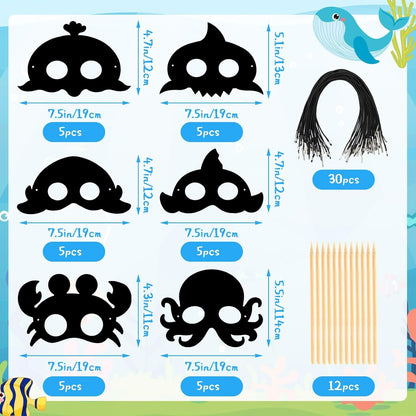 AUGSUN 30PCS Ocean Crafts, Colorful Ocean Animals Scratch Masks DIY Under The Sea Scratch Off Cards Magic Rainbow Scratch Art Summer Party Favors School Activities