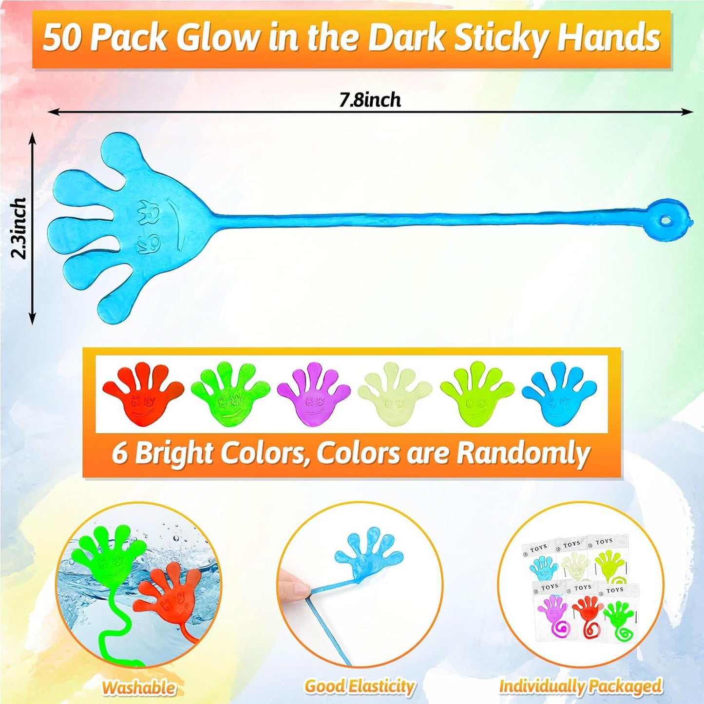 50 PCS Glow Sticky Hands Kindergarten Graduation Gifts Party Favor for Kids Holiday Traditions Goodie Bags Stuffers Glow Sticky Hands Toys End of Year Student Gifts Classroom Prizes Treasure Box
