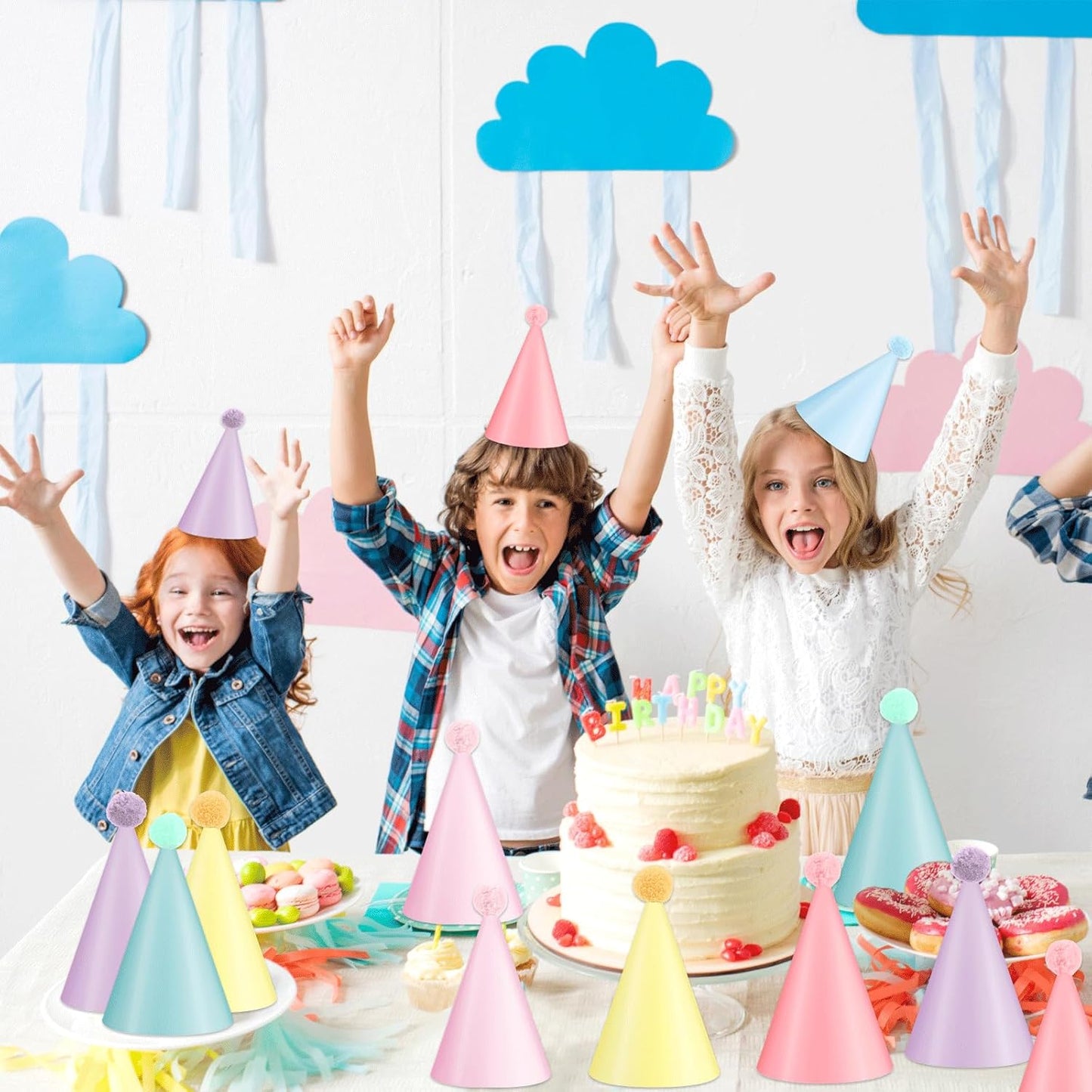 24 PCS Rainbow Party Hats - DIY Assemble Pastel Rainbow Themed Paper Hats Pastel Party Birthday Party Cone Hats Macaron Themed Party Hats for Kids and Adults Birthday, Baby Shower Party Decorations