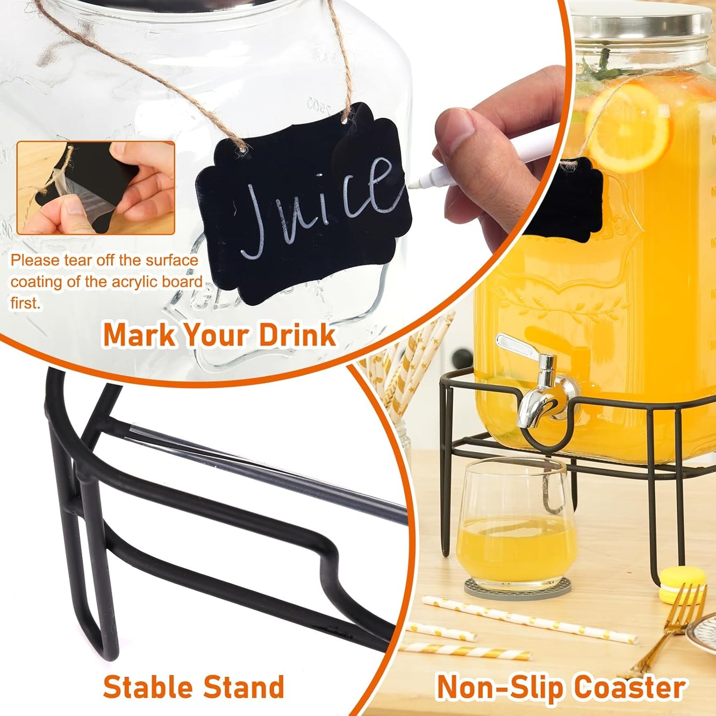 Bululuo Glass Drinks Dispenser for Parties, 2 PACK 1 Gallon Beverage Dispenser with Stand for Juice and Iced Tea, Water Jug Dispenser for Lemonade, Party Essential Beverage Pitcher with Spout