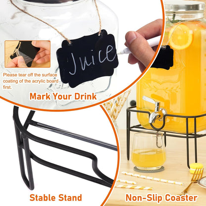 Bululuo Glass Drinks Dispenser for Parties, 2 PACK 1 Gallon Beverage Dispenser with Stand for Juice and Iced Tea, Water Jug Dispenser for Lemonade, Party Essential Beverage Pitcher with Spout