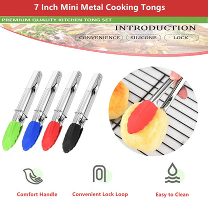 Mini Kitchen Tongs with Silicone Tips, 3-Piece Set, 7-Inch Non-Stick Tongs with Stainless Steel Silicon Handles, Heat Resistant for Cooking & Serving (Red)