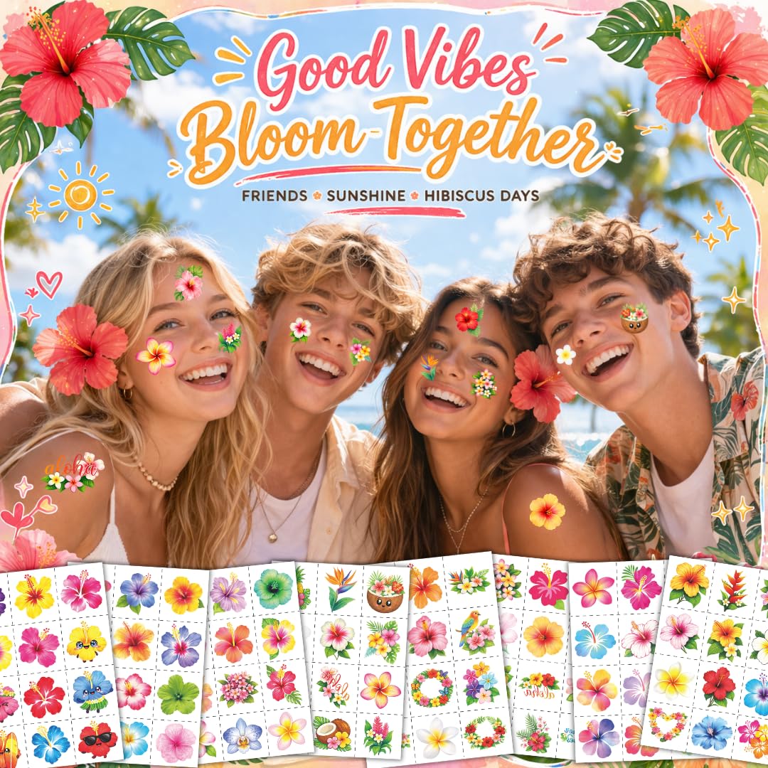 96PCS Tropical Flower Hawaiian Temporary Tattoos Pre-Cut - Hibiscus Plumeria Stickers Beach Summer Hawaiian Birthday Party Decorations, Supplies & Favors - School Gifts Rewards Prizes for Girls Women