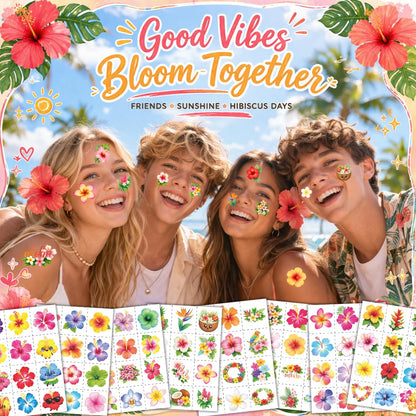 96PCS Tropical Flower Hawaiian Temporary Tattoos Pre-Cut - Hibiscus Plumeria Stickers Beach Summer Hawaiian Birthday Party Decorations, Supplies & Favors - School Gifts Rewards Prizes for Girls Women
