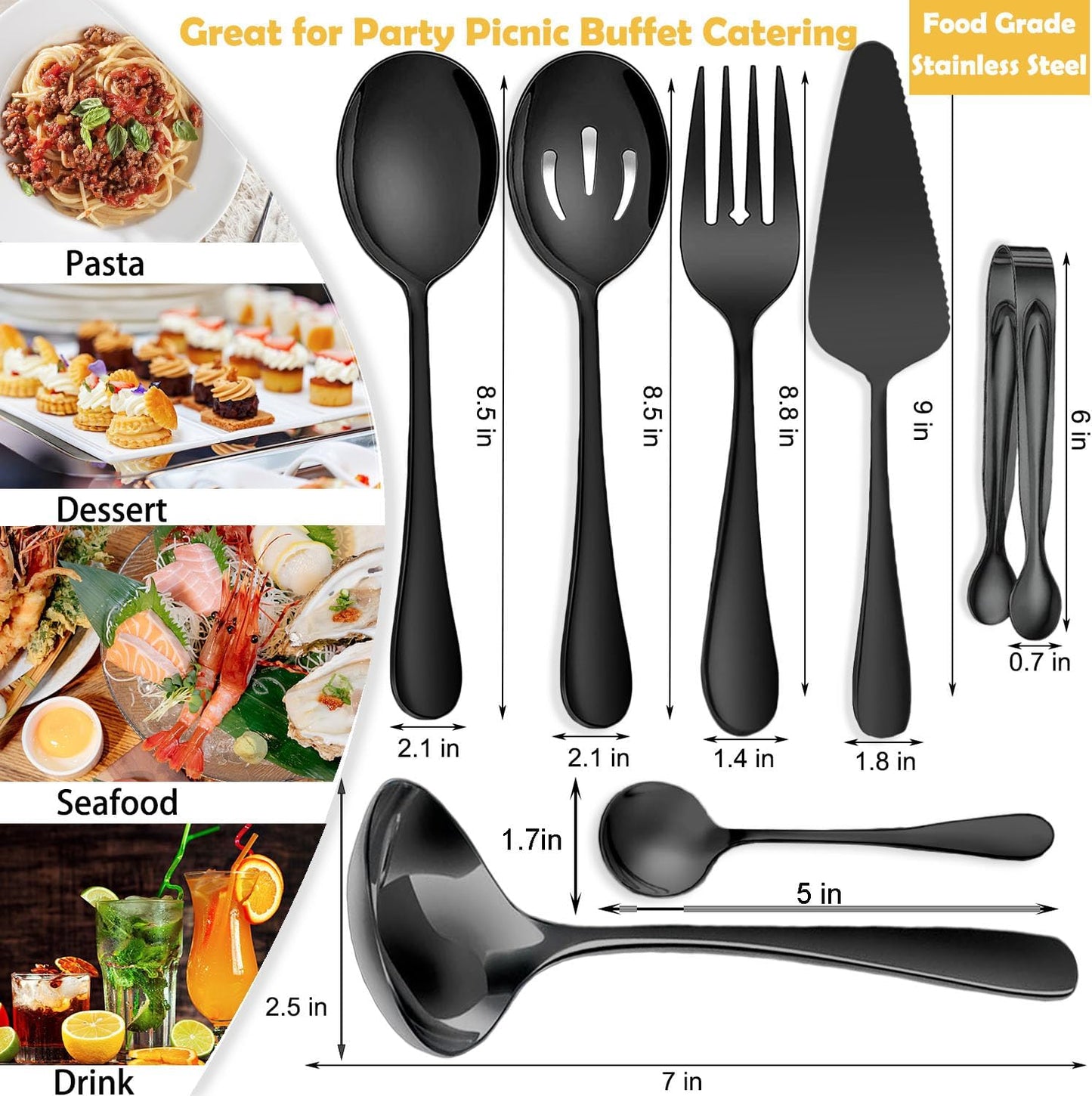 8 PCS Stainless Steel Serving Utensils, Large Serving Spoons Slotted Spoons, Forks, Ice Suger Tongs, Cake Server, Soup Ladle, Metal Utensils Set Great for Buffet Catering Banquet Party, Gold