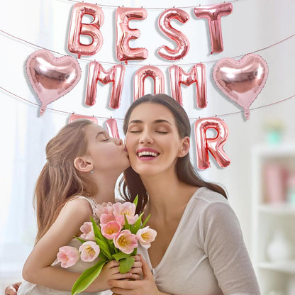 Rose Gold Best Mom Ever Balloons,16 Inch Mom Balloon Letters for Mother Birthday Mother's Day Decorations