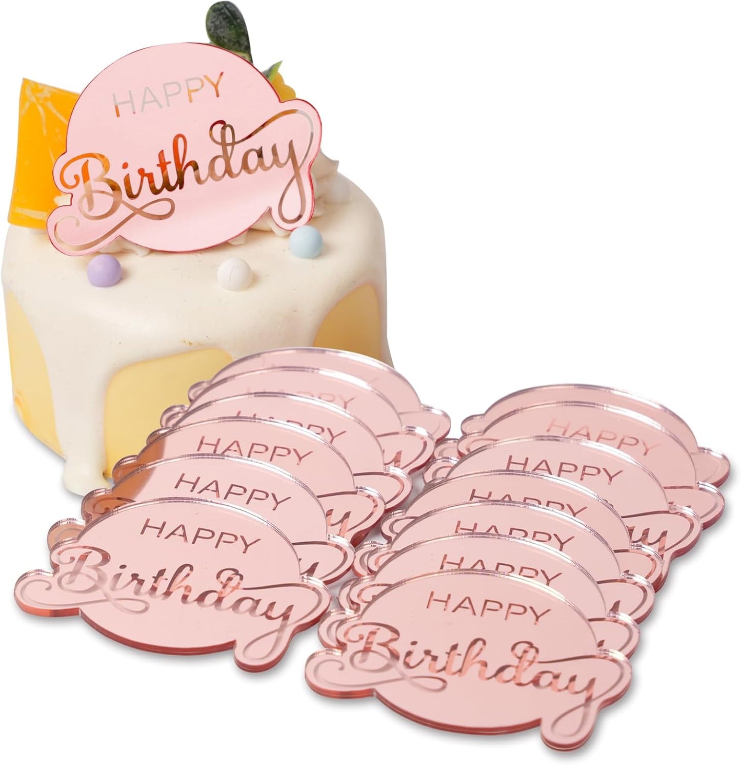20pcs Gold Mirror Acrylic Happy Birthday Cupcake Toppers Round Engraved Cake Picks Happy Birthday Cake Toppers for DIY Birthday Gift Flower Bouquet Pastries Desserts Decor