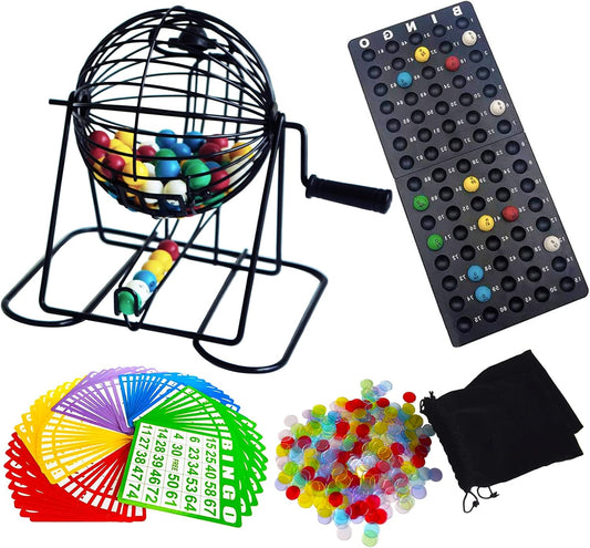 Yuanhe Deluxe Bingo Game Set - Metal Round Cage, 75 Colored Bingo Balls, 100 Bingo Cards, 500 Mixed Chips and Master Board for Large Groups, Parties