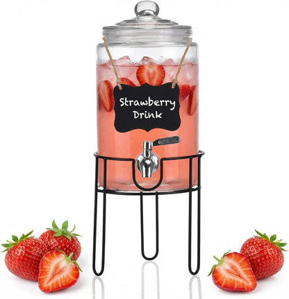 1 Gallon Glass Drink Dispenser Set of 2, Drink Dispensers for Parties, Beverage Dispenser with Stand, Glass Lid, 100% Leakproof Spigot, Ideal for Lemonade, Juice, Iced Tea, Laundry Detergent Dispenser