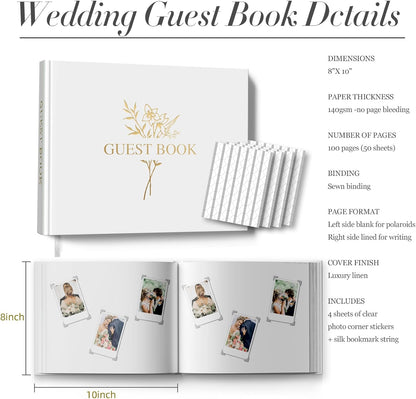 Wedding Guest Book for Memorial Service with 216 Photo Corners Stickers, Linen Guestbook to Sign at Bridal Shower or Wedding Reception Party,100 Pages, Blank Thick Paper Books for Baby Shower- Sage