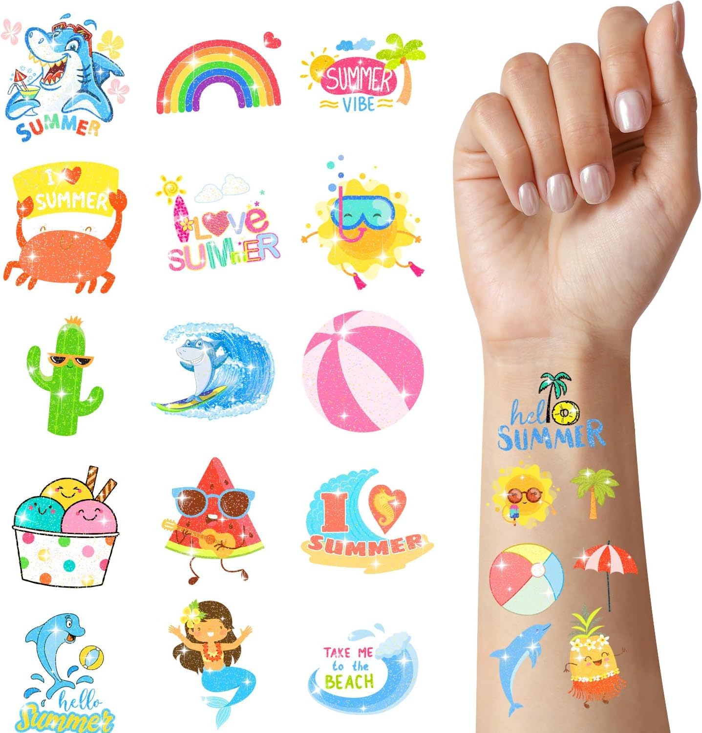 120 PCS Glitter Summer Temporary Tattoos For Kids - Hawaiian Luau Party Favors, Adults Bulk Fun Pool Party Supplies and Tropical Beach Theme Waterproof Decorations