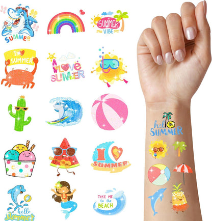 120 PCS Glitter Summer Temporary Tattoos For Kids - Hawaiian Luau Party Favors, Adults Bulk Fun Pool Party Supplies and Tropical Beach Theme Waterproof Decorations