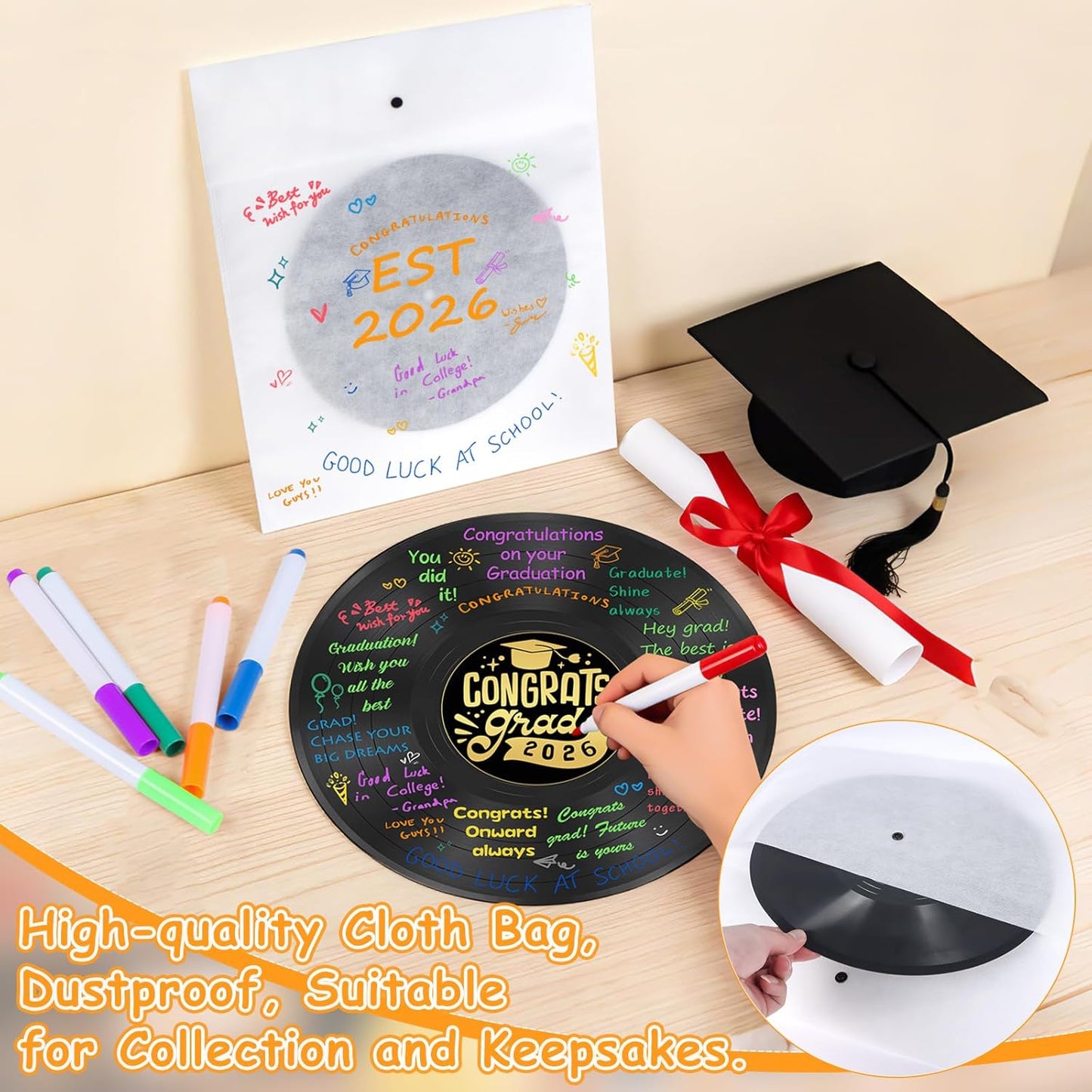 2 Pack Vinyl Record Graduation Guest Book Alternative,Graduation Guest Book Graduation Sign in Book, Congrats Grad Guest Book with Holders Pens Signs for Graduation Party Wedding Birthday