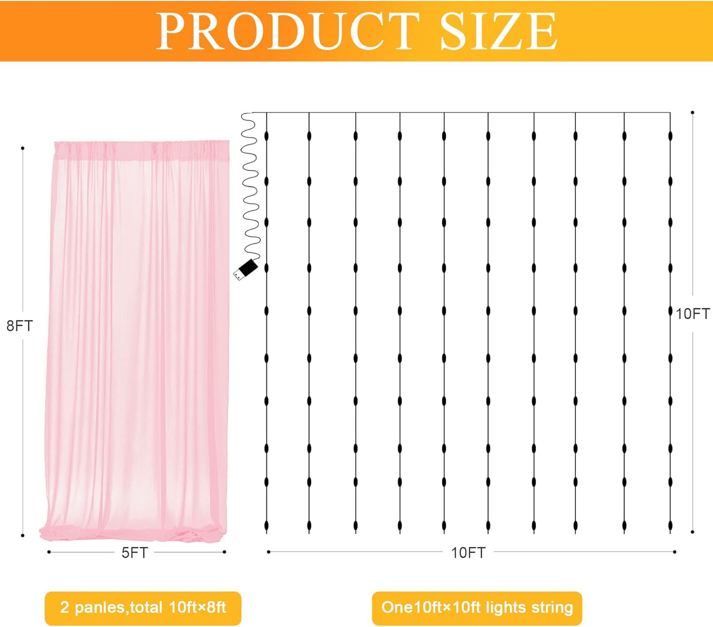 Fomcet Tulle Backdrop Curtains with Lights String White 10FT X 8FT Sheer Curtain with Lights Tulle Curtains Backdrop for Wedding Birthday Party Baby Shower Photo Shoot (2 Panels 5x8FT)