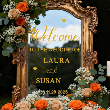 Custom Name Welcome to Our Wedding Signs Personalized Wedding Mirror Decals Selfie Mirror Decal for Wedding Entry Reception Display Golden Date Marriage DIY Vinyl Lettering Welcome Party Decoration