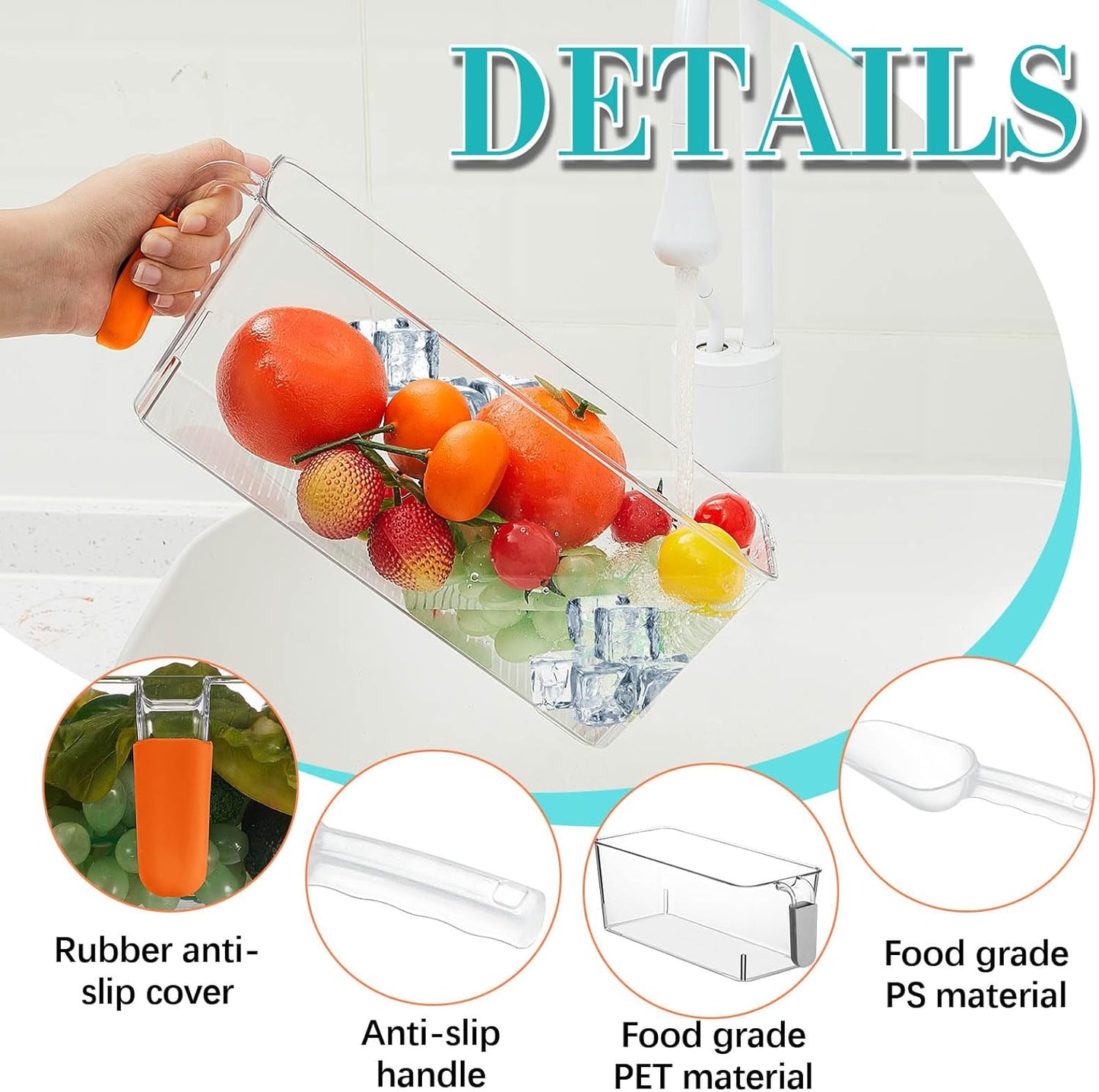 Havawish Ice Storage Bin and Flexible Scoop Set Plastic Freezer Bin with Pull Out Handle Storage Bucket Clear for Container with Scoop(Grey,10.83 x 4.92 x 4.33 in,Classic)