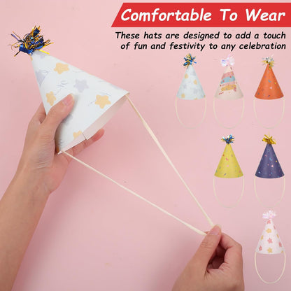 12 PCS Party Hats, Birthday Paper Cone Hat with Glitter Pompoms, Paper Party Headwear for Adults Kids Celebration