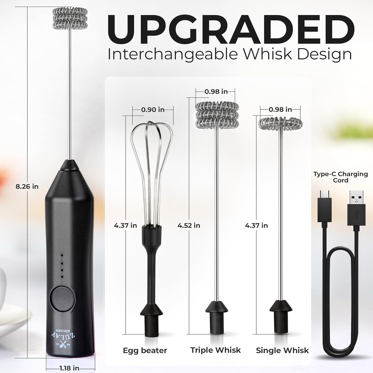 Zulay Kitchen Powerful Milk Frother Wand With Duracell Batteries - Ultra Fast Handheld Drink Mixer - Electric Whisk Foam Maker for Coffee, Lattes, Cappuccino & Matcha - Z1 Motor - Black - Colors D