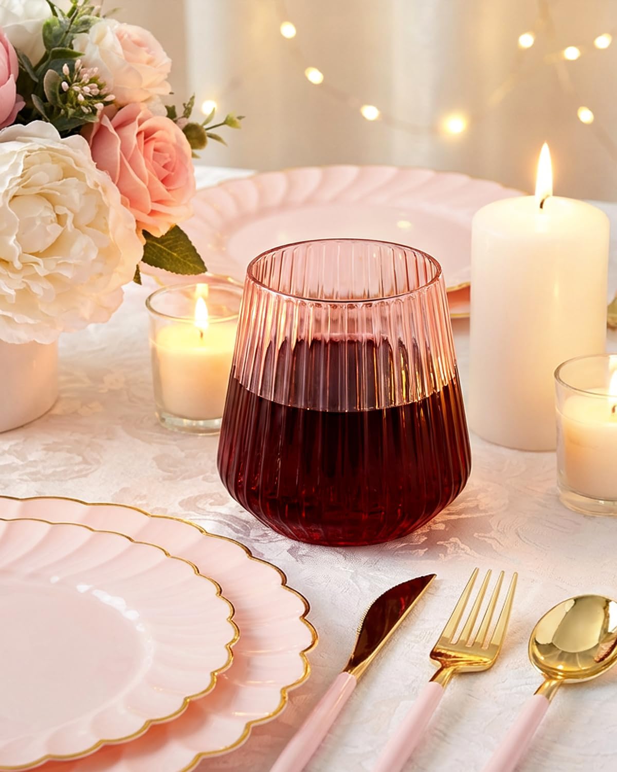 Ciaell 30 Pack Pink Plastic Ribbed Wine Glasses, 12 OZ Origami Stemless Disposable Wine Champagne Whiskey Glasses Unbreakable Clear Plastic Cocktail Glasses, Wine Cups for Party Wedding