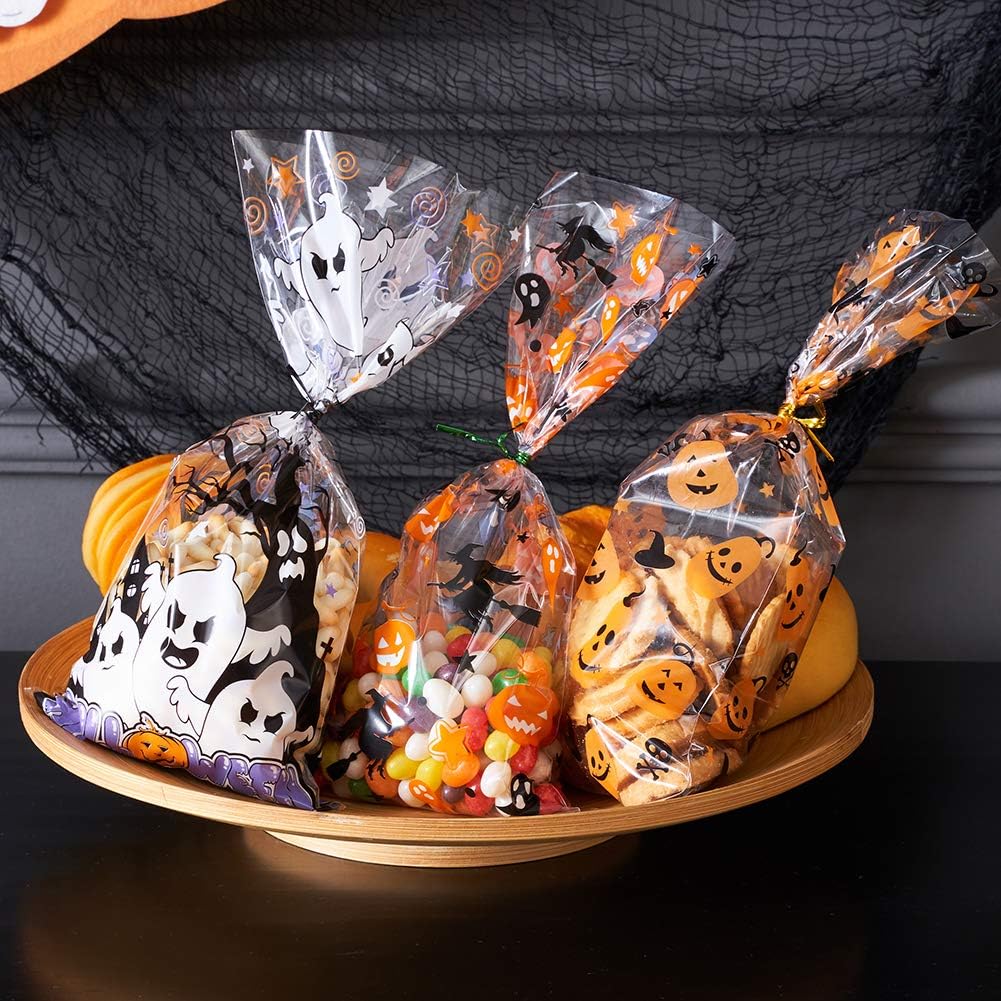 CCINEE 150 Pcs Cellophane Treat Bags, 5 X 11 Inches Gold Star Print Clear Gift Wrap Candy Bags Goodie Bags with Twist Ties for Wedding, Birthday Party Favors, Bakery, and Gift Packaging