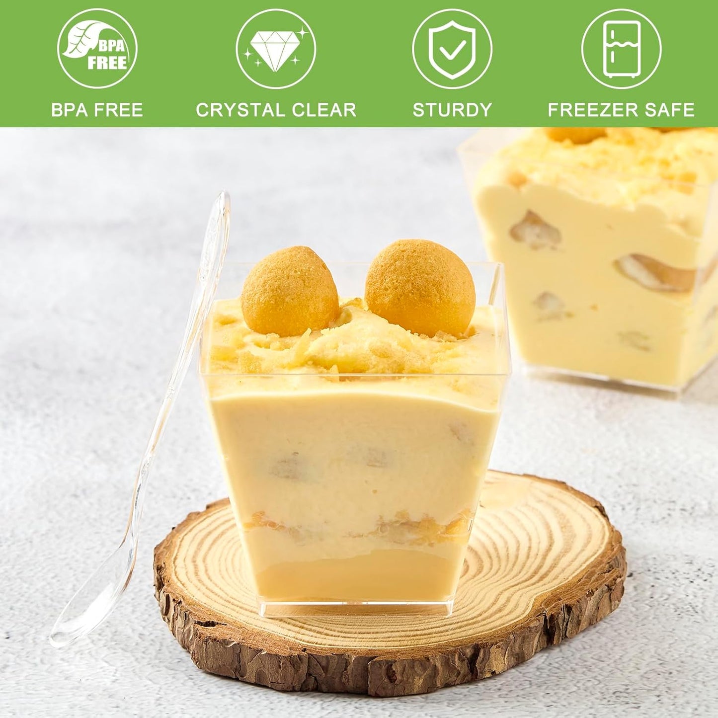Zezzxu 3 oz Square Mini Dessert Cups with Spoons - 50 Pack Plastic Pudding & Parfait Cups Party Dessert Shooters for Serving Trifle Mousse Cake Appetizers