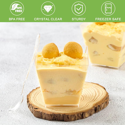 Zezzxu 3 oz Square Mini Dessert Cups with Spoons - 50 Pack Plastic Pudding & Parfait Cups Party Dessert Shooters for Serving Trifle Mousse Cake Appetizers
