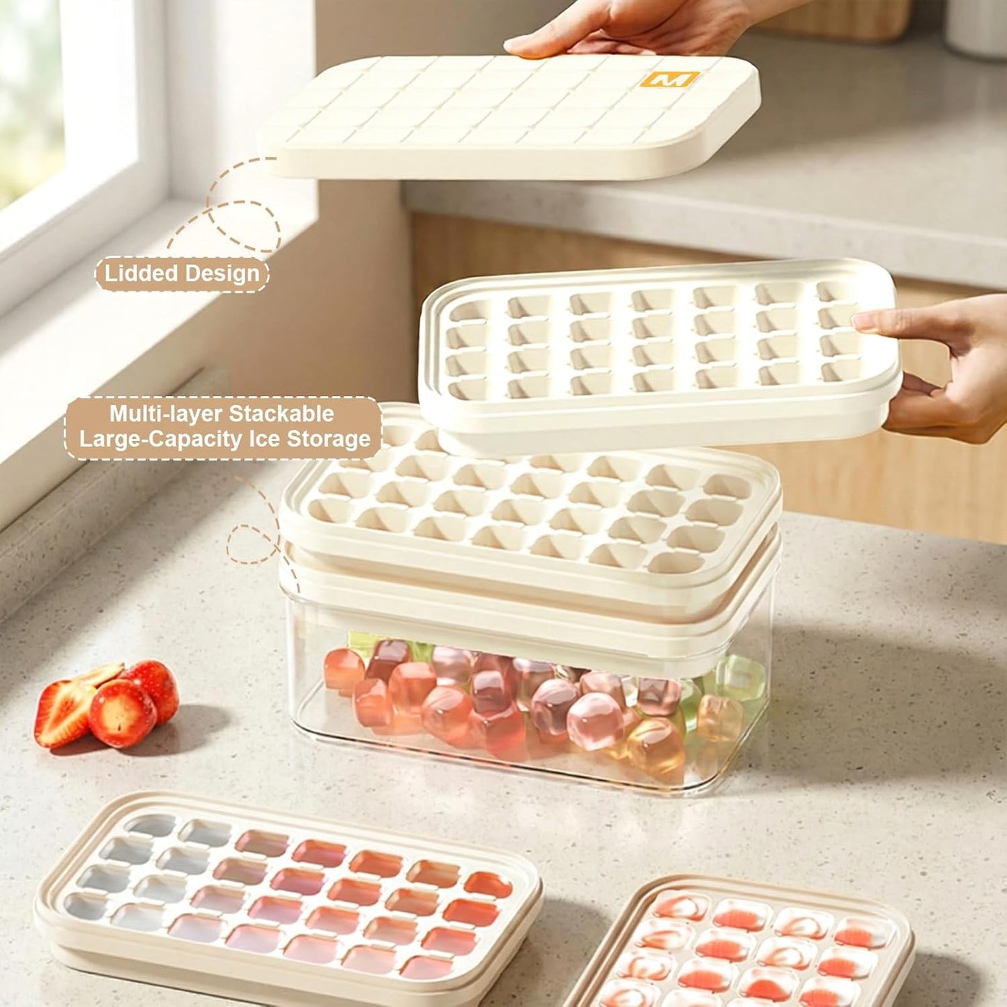 Compact Ice Cube Tray with Lid and Bin, Mini Press-Type Ice Cube Maker for Freezer, Space-Saving Small Ice Bucket with Tongs for RV, Office, Mini Ice Cube Trays & Water Bottles, BPA-Free (Green)