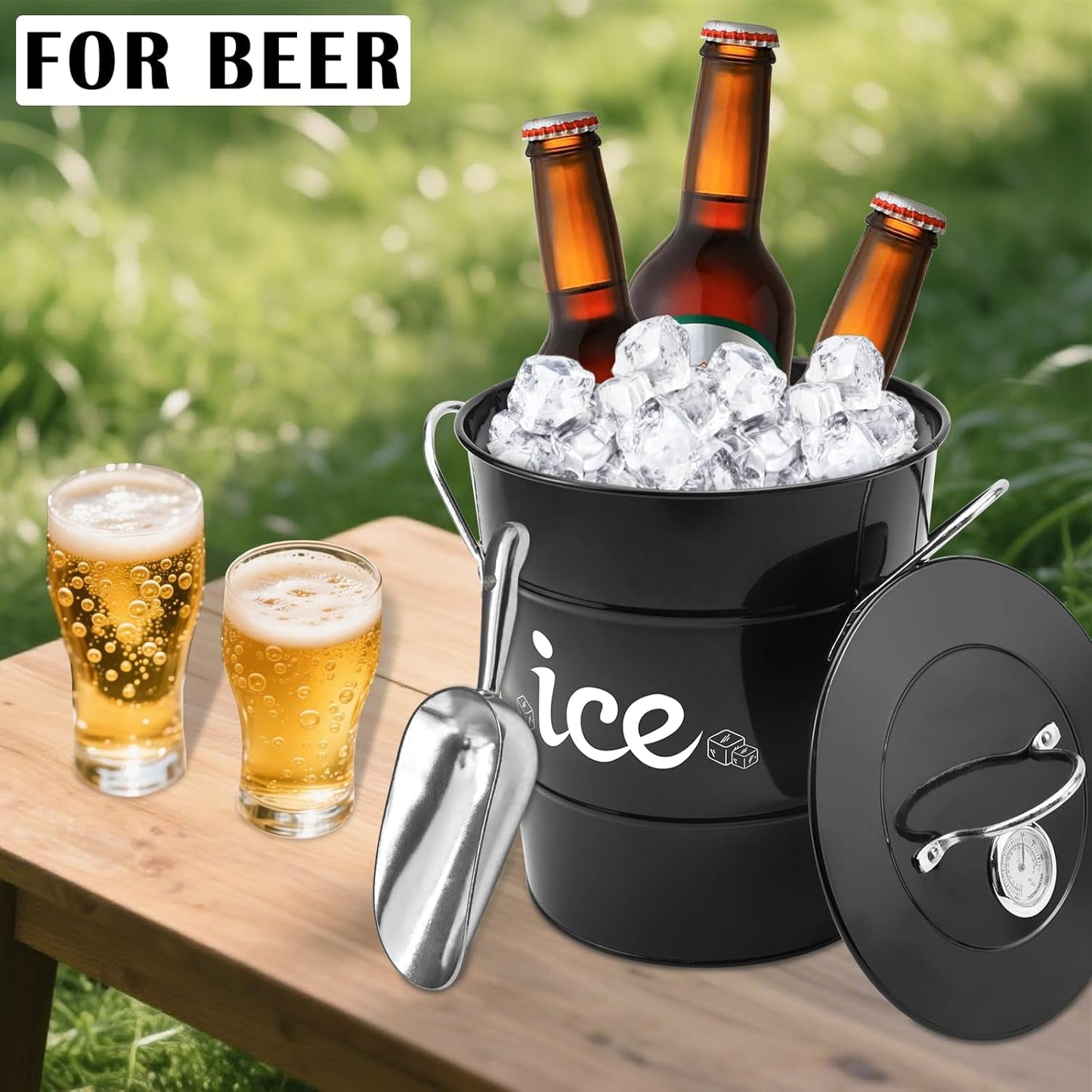 Double Wall Ice Bucket with Thermometer, Metal Wine Chiller Bucket with Lid & Scoop - for Champagne, Wine, Cocktails and Parties, Large Insulated Ice Holder - Perfect for Home & Outdoor Use,Red