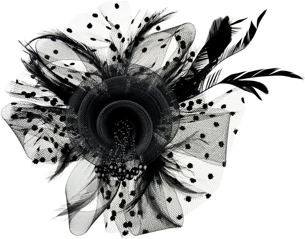 DRESHOW Fascinators Hat Flower Mesh Ribbons Feathers on a Headband and a Clip Tea Party Headwear for Girls and Women - Colors A