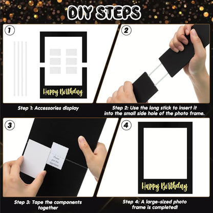 Beeveer 32 x 24 Inch Extra Large Happy Birthday Photo Booth Selfie Frame Props Picture DIY Cutouts Photo Backdrop Cardboard Props for Party Supplies Favors(Vertical,Shiny Gold)