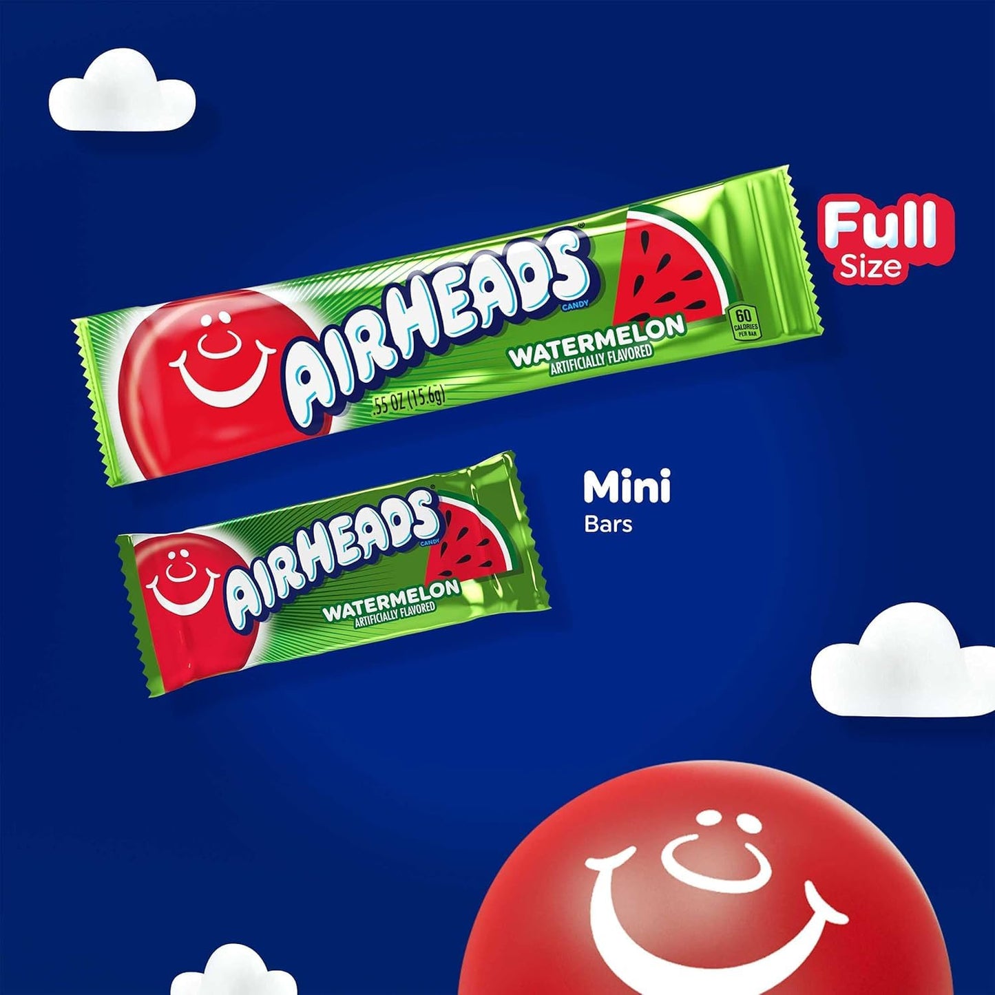 Airheads Full-Size Candy Bars, Taffy Candy Bulk Variety Pack, Individually Wrapped, Six Assorted Fruit Flavors Artificially Flavored, 60 Count Box